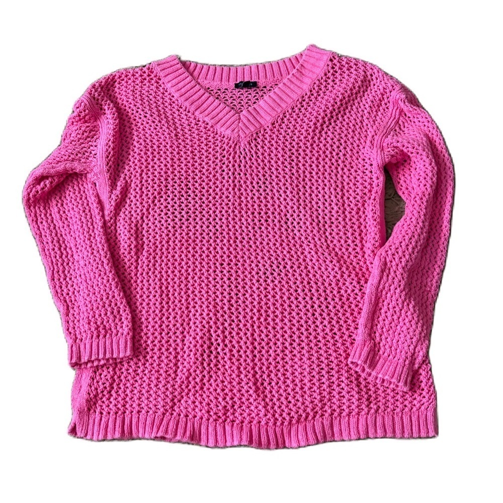 Talbots Bright Pink V-Neck Sweater Large Net Knit